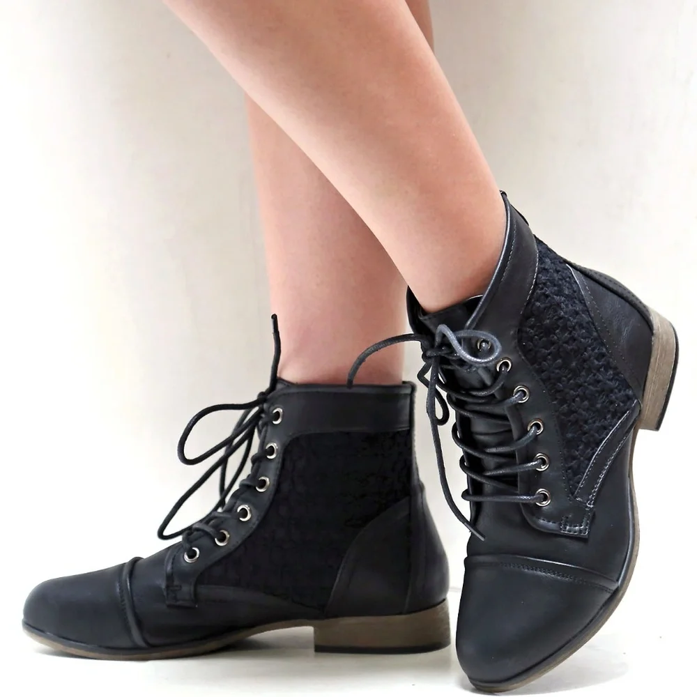 New Black Lace Up Lace Panel Ankle Boots Booties